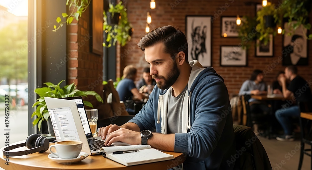 Obraz premium young businessman working on laptop in cafe