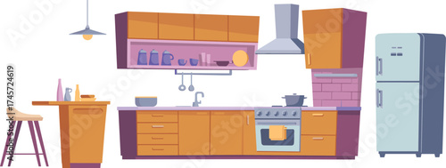 Modern kitchen interior illustration, bar stools, retro refrigerator, stove, oven mitt, pendant light, hand-drawn vector, white background, home design