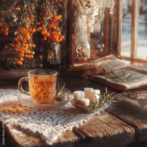 A cozy still life of a glass cup filled with sea buckthorn tea, set on a wooden table with a vintage lace doily