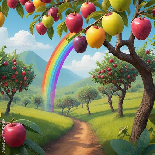 Colorful apple orchard under a rainbow with vibrant trees in a serene landscape during a sunny day