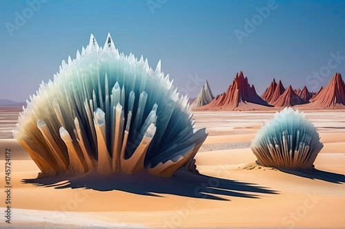 Crystal formations rising from desert sands showcase stunning natural beauty under a clear blue sky