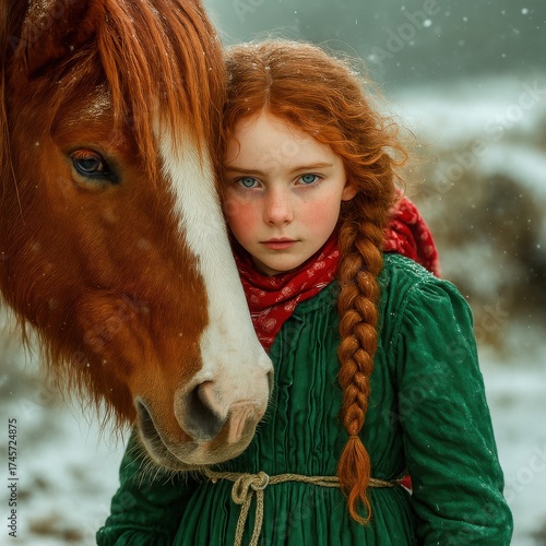 A young red-haired girl with a long braid, dressed in a green vintage dress and a red scarf, standing closely beside a brown horse