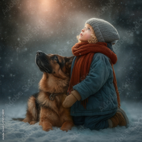A young girl and a German Shepherd dog standing side by side in a snowy winter landscape
