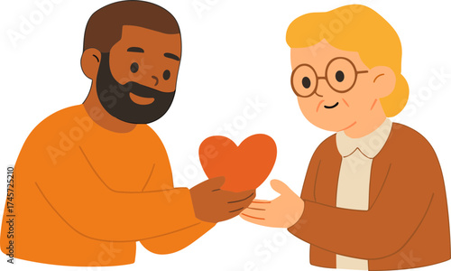 A warm flat-style illustration showing a man kindly giving a heart to an elderly woman, symbolizing compassion, care, and human connection across generations.