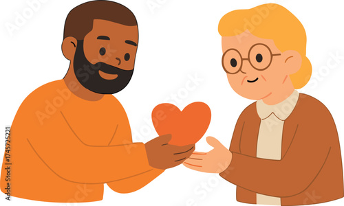A warm flat-style illustration showing a man kindly giving a heart to an elderly woman, symbolizing compassion, care, and human connection across generations.