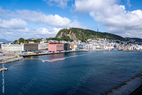 Beautiful summer view of Alesund port town on the west coast of Norway, at the entrance to the Geirangerfjord.