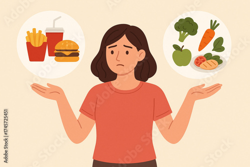 Woman Choosing Between Healthy and Unhealthy Food Concept Flat Vector