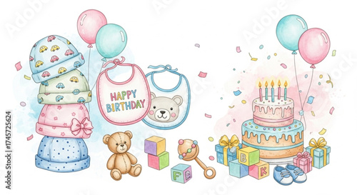Baby Clothes Watercolor Illustration - Hats and Bibs for Kids Birthday Invitation