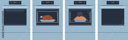 Modern kitchen oven illustration set, roasted turkey, steaming casserole, digital timer, hand-drawn vector, white background, cooking appliance concept