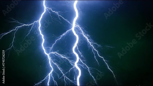 Rapid multiple lightning strikes across a dark green screen, dramatic slow motion, powerful energy electric current, science, visual effect
