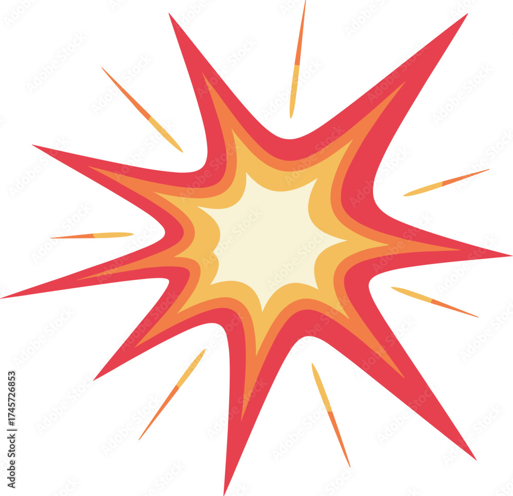 Obraz premium Explosion, burst, comic, graphic, impact, starburst, red, orange, yellow, energy, dynamic, symbol, vector, illustration, jagged, motion, blast, pop-art, shape, design
