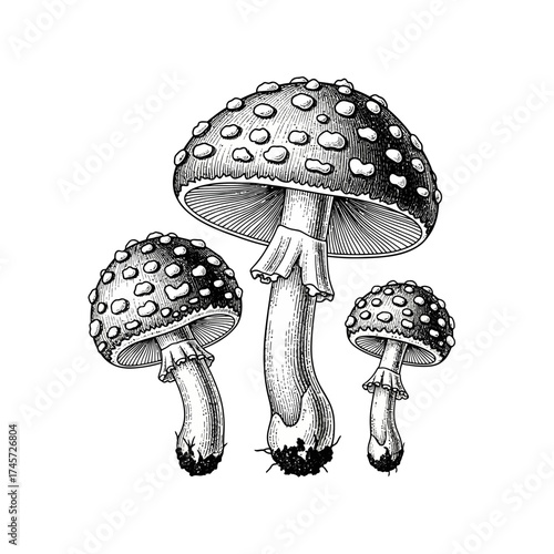 Mushroom Amanita Set Botanical Illustration Detailed Toadstool Fungus Vintage Vector