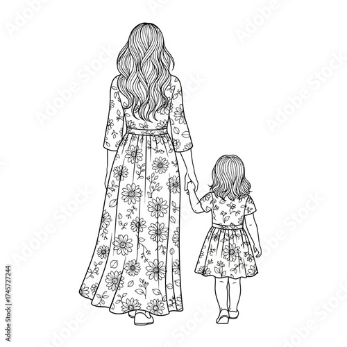 Mother and Daughter Holding Hands Line Art – Loving Family Outline Illustration from Back View