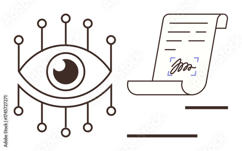 Eye with connecting nodes paired with a signed scroll represent surveillance, privacy, authentication, AI, digital contracts, security, and technology management. Simple flat metaphor