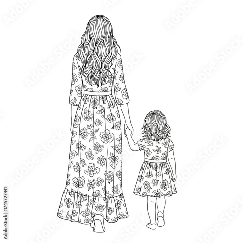 Mother and Daughter Holding Hands Line Art – Loving Family Outline Illustration from Back View
