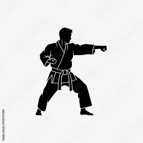 Karate Fighter Punching Pose Martial Arts Silhouette Combat Training Vector Illustration