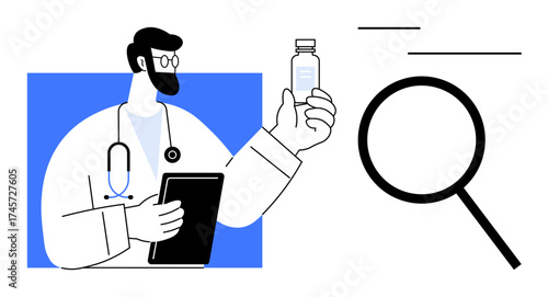 Male doctor holding a vial and tablet, wearing a stethoscope, next to a magnifying glass symbolizing discovery, research, and healthcare. Ideal for medicine, analysis, diagnosis, healthcare