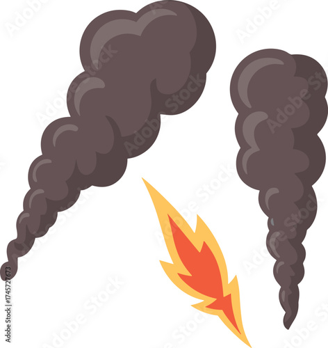 Fire and smoke illustration set, explosion effect, dark plumes, flame icon, hazard symbol, hand-drawn vector, white background, combustion concept