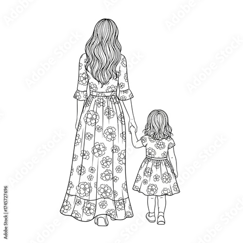 Mother and Daughter Holding Hands Line Art – Loving Family Outline Illustration from Back View