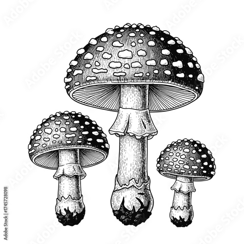 Mushroom Amanita Set Botanical Illustration Detailed Toadstool Fungus Vintage Vector