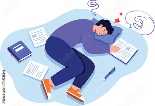 Academic burnout illustration, tired student sleeping, study stress, books and papers, hand-drawn vector, white background, school fatigue, education concept