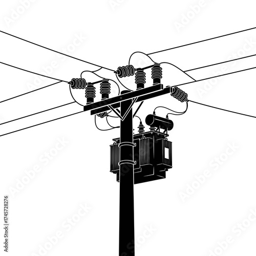 Electric Utility Pole with Power Lines Transformer Infrastructure Vector Illustration