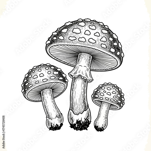 Mushroom Amanita Set Botanical Illustration Detailed Toadstool Fungus Vintage Vector