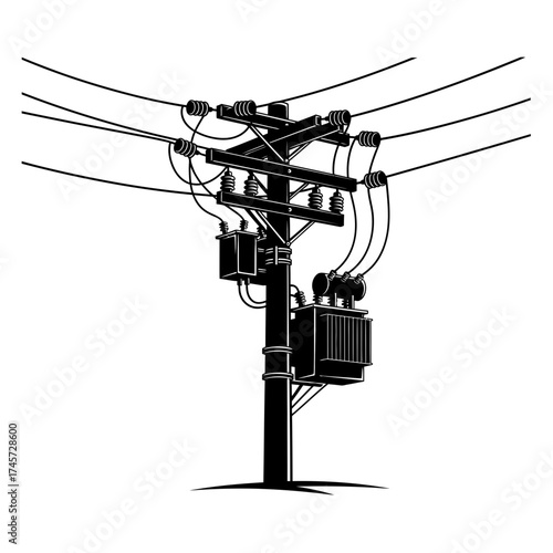 Electric Utility Pole with Power Lines Transformer Infrastructure Vector Illustration