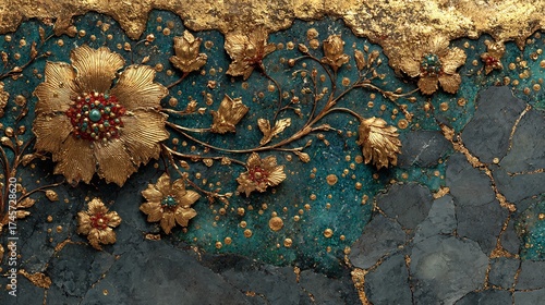 Intricate Floral Pattern with Gold and Turquoise on Dark Surface