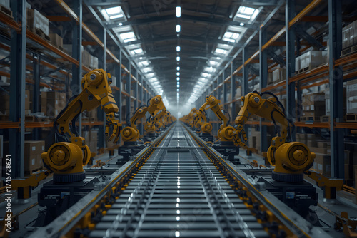 Automated future, rows of robotic arms and conveyor belts in a modern distribution warehouse