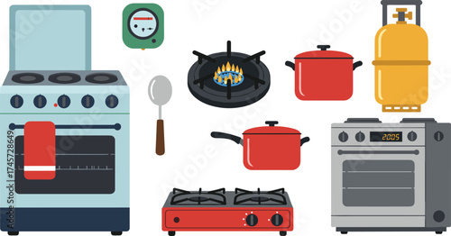 Kitchen appliance illustration set, gas stove, electric oven, cooking pot, gas cylinder, burner, hand-drawn vector, white background, culinary tools