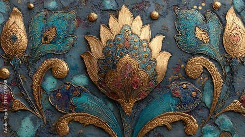 Ornate Floral Design with Gold and Blue Hues on Textured Surface