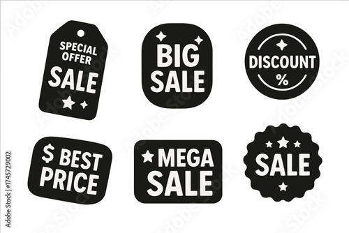 Set of black sale tags and labels for retail promotion. Special offer, best price, big discount vector icons for shopping, store, Black Friday marketing concepts.