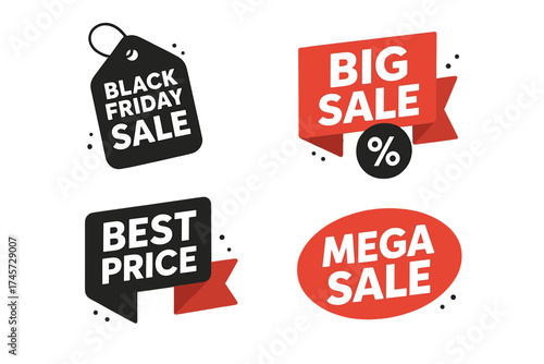 Black Friday sale tags set. Special offer, big sale, best price, mega sale banner. Shop or online shopping discount sticker, badge, coupon for store. Vector illustration.