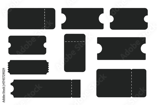 Big set of black ticket templates. Empty coupon and voucher collection. Vector illustration for concert, movie, or event admission pass. Blank raffle stubs mockup design.