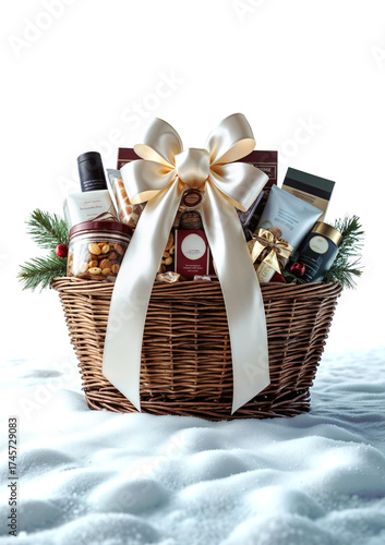 Luxury holiday gift basket with ribbon, festive treats, and evergreen branches on snowy surface
