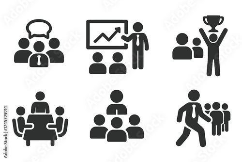 Business people icons set in flat style. Team communication, collaboration. Presentation, conference, meeting. Workgroup, win, success, leadership signs. Vector pictogram.