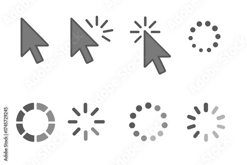 Computer mouse click cursor arrow icons set. Loading and waiting progress indicator collection. Gray vector pointers, click effect, and spinning loader symbols for UI UX design.