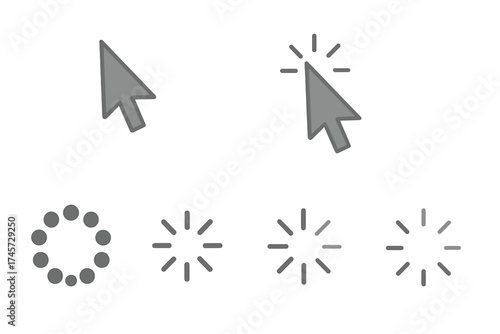 Computer mouse arrow cursor icons set, gray vector illustration, click pointer, loading spinner graphics, transparent background, user interface design symbols, digital elements.