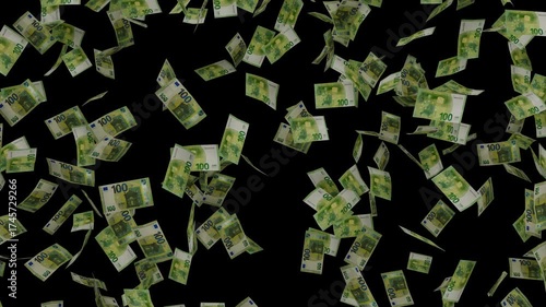 Euro Banknotes Flying on Black Background (Money Rain)