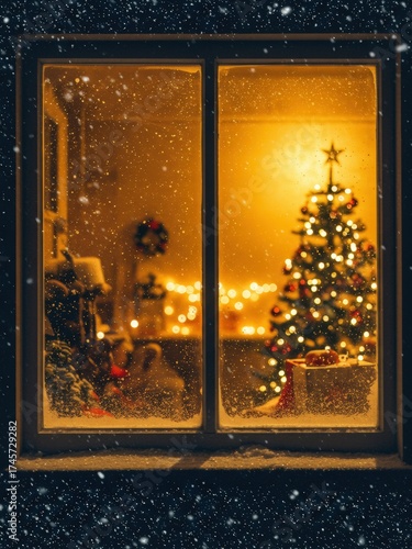 A cozy, brightly lit Christmas scene viewed through a snowy window at night, featuring a decorated Christmas tree, gifts, and falling snow outside.