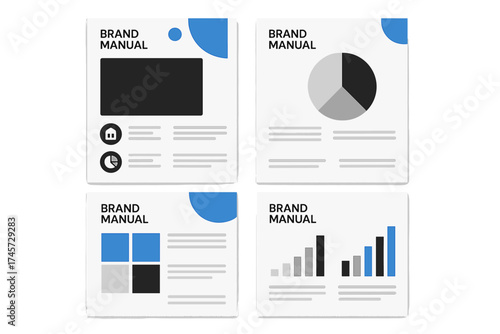 Brand manual template set. Business brochure layout design. Company identity guide. Corporate brand book pages. Marketing report with charts, graphs. Vector for communication.