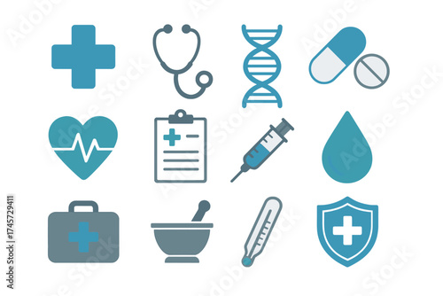 Medical and healthcare icon set. Vector flat design symbols for medicine, clinic, hospital. Includes stethoscope, dna, syringe, pill, heartbeat, pharmacy, first aid kit.