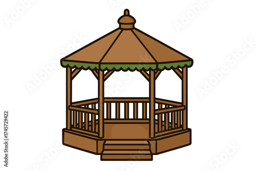 Wooden gazebo vector icon. Garden pavilion or park arbor cartoon illustration. Outdoor landscape architecture element. Summer relaxation shelter isolated on white background.