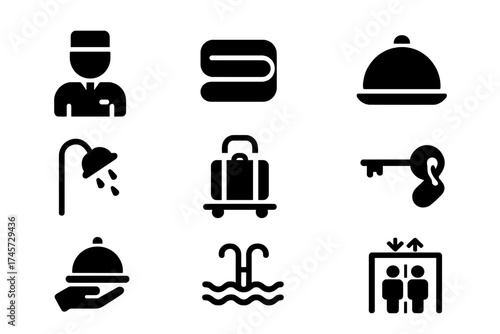 Hotel services glyph icon set. Vector symbols for hospitality industry. Receptionist, restaurant, room service, pool, luggage, key, elevator. UI UX web and app design.