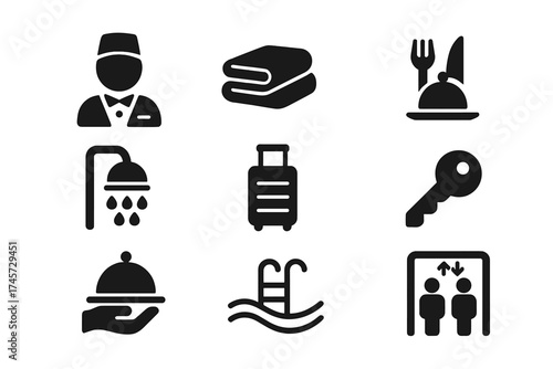 Hotel services solid glyph icon set. Hospitality amenities vector collection for UI UX design. Includes receptionist, towel, restaurant, luggage, key, room service, pool, elevator.
