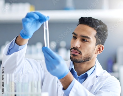 Portrait of a scientist examining a test tube in lab