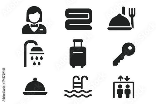 Hotel services glyph icon set. Hospitality business symbols. Receptionist, pool, restaurant, key, elevator, luggage. Travel and tourism vector pictograms for UI UX design.