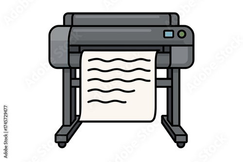 Plotter icon for large format printing. Wide-format printer for engineering blueprints and architectural plans. Office equipment for printing banners and posters. Vector icon.
