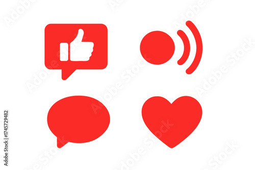 Social media icons set for live stream video chat. Like, love heart, comment, and thumbs up symbols. Red web buttons for app UI design elements. Vector illustration.